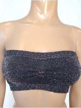 bebe Metallic Sparkle Bandeau Bra Top Black Silver Ruched Tube Top Medium Large